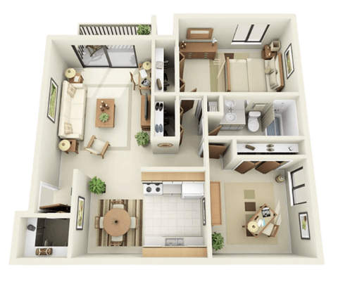 Floor plan for 2 beds, 1 bath, 925 sqft